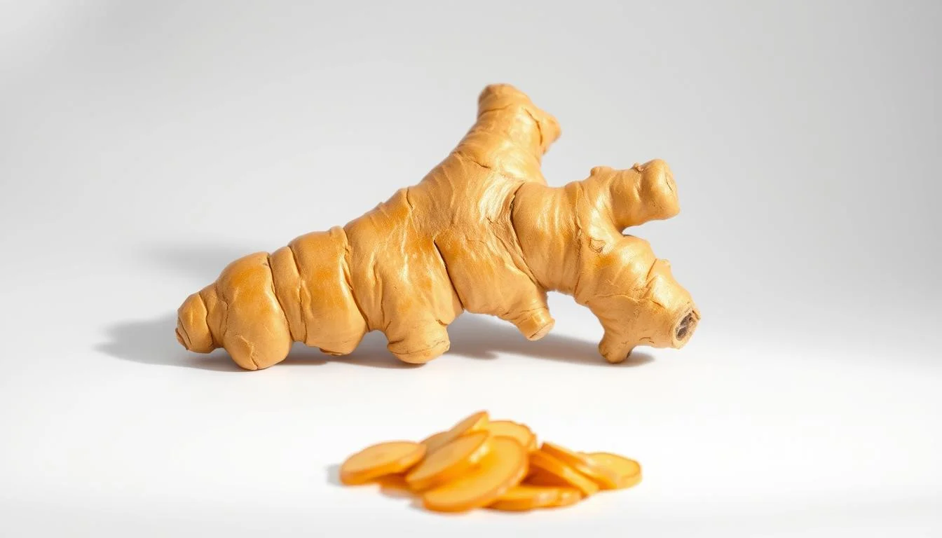 Fresh ginger root and sliced ginger pieces showcasing natural health benefits.