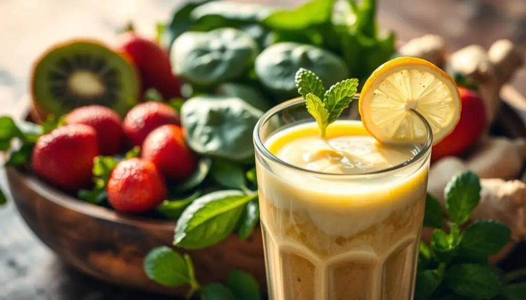 Colorful herbal fruit smoothie with berries and mint for natural detox
