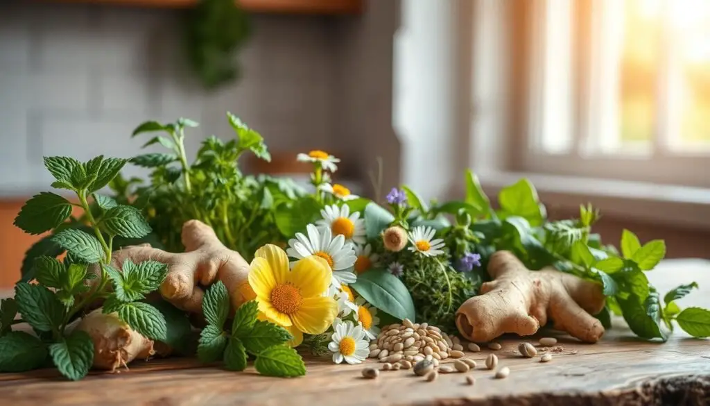 Fresh herbs on a wooden table used in natural remedies for bloating and digestion issues