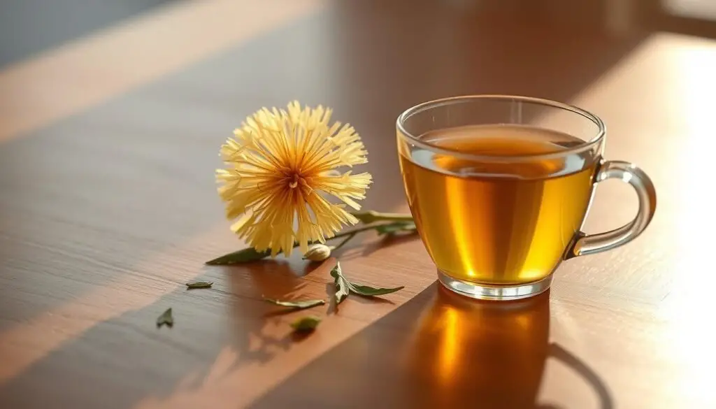 Dandelion tea served on a wooden table, known for its natural detox properties