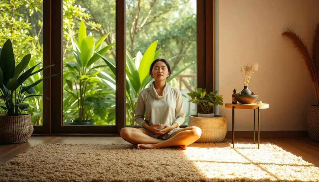 Peaceful bedroom setup with essential oils and tea – top natural sleep aids to improve sleep quality naturally.