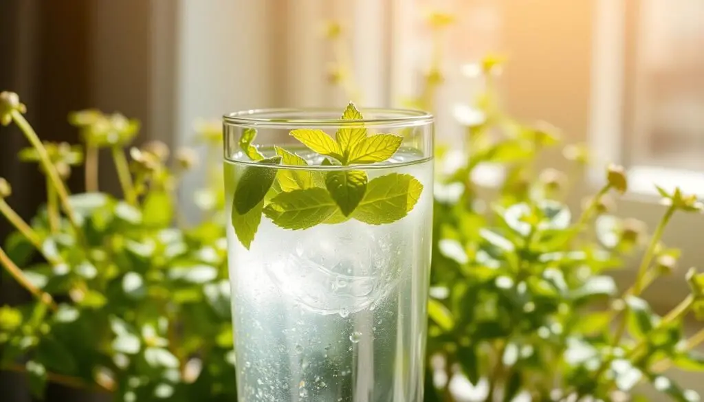 Refreshing mint water cleanse served cold with lemon slices