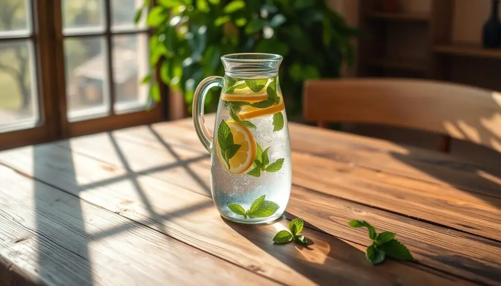 Natural detox drink featuring lemon and mint on a wooden table