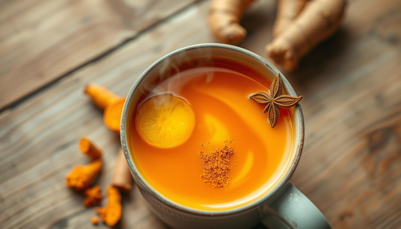 Healthy turmeric detox drink made with golden milk and natural ingredients