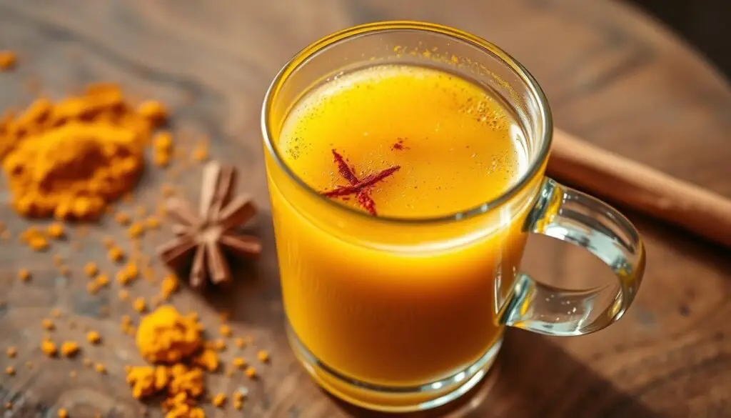 Turmeric golden milk benefits with fresh turmeric root and warm cup of golden milk