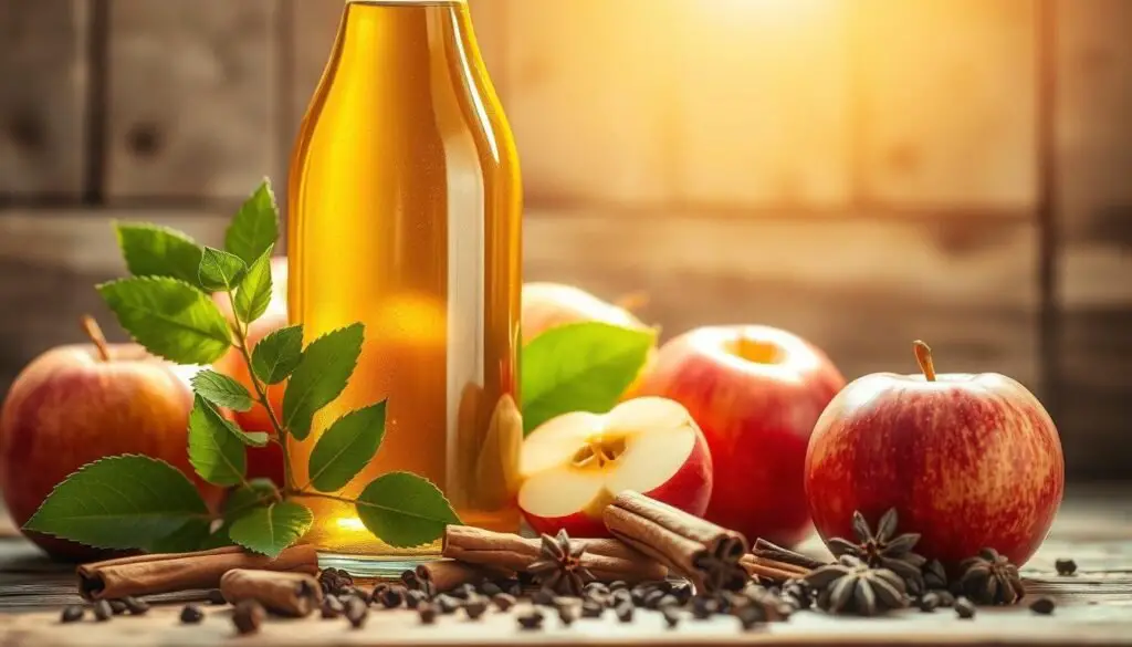 Homemade apple cider vinegar detox drink in a glass with lemon and herbs
