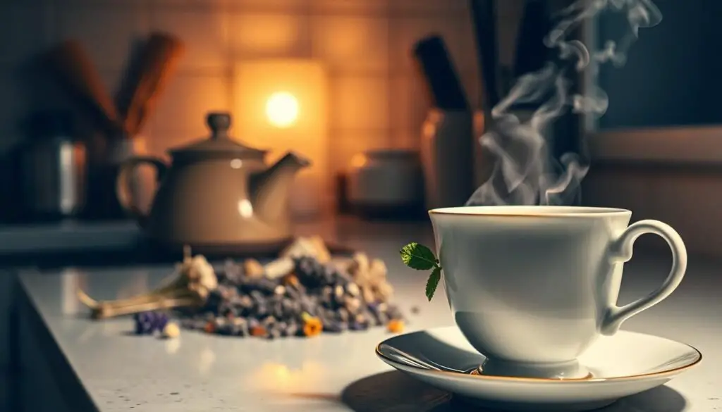 A soothing herbal tea setup with lavender and valerian root for better sleep and relaxation